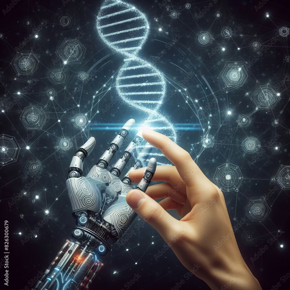 Poster a futuristic image depicting a human hand touching a robotic hand, both interacting with a glowing d