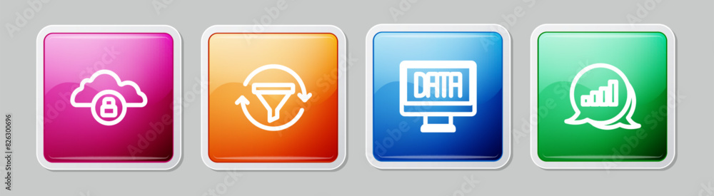 Poster set line cloud computing lock, sales funnel with chart, data analysis and pie infographic. colorful 