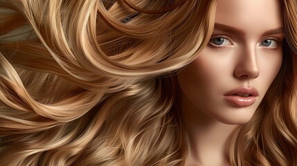 Obraz premium Portrait of a young woman with long, flowing blonde hair. Glamorous and elegant style perfect for beauty and fashion. AI