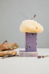 Handmade soap from natural ingredients, various herbs, lavender. Concept of sustainable use, bath...