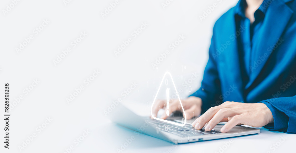 Poster cyber error symbol notification spam in the laptop, a warning sign of system failure. concept of lea