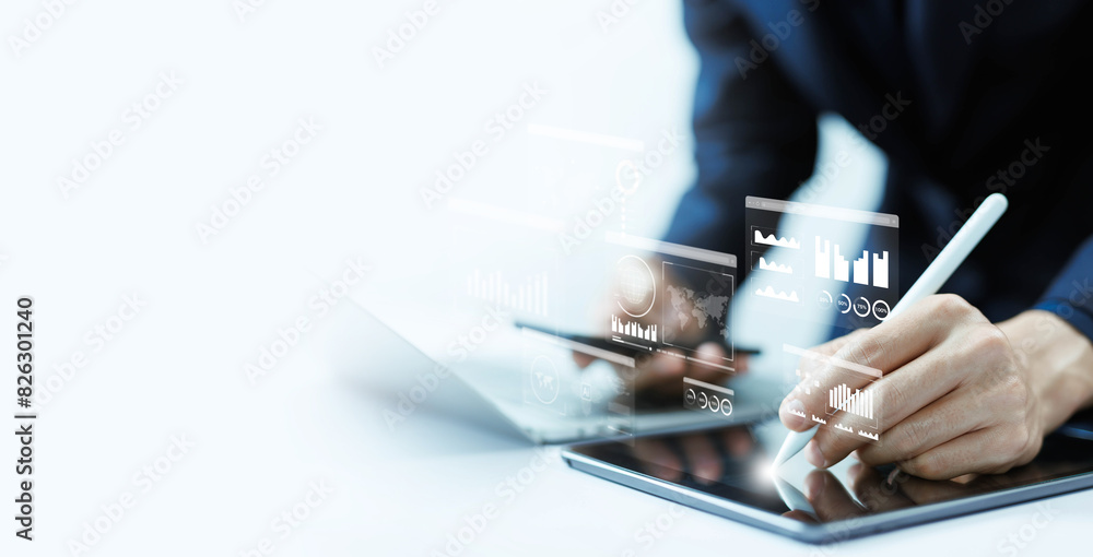 Aufkleber analyst manages the system database, analysis data plans shows a dashboard chart on the computer. concept of analytics business, research on platform digital technology, and reports