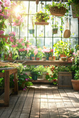 Obraz premium A wooden potting bench in the foreground with a blurred background of a botanical greenhouse. The background includes various potted plants, hanging flowers, gardening tools, and large glass windows