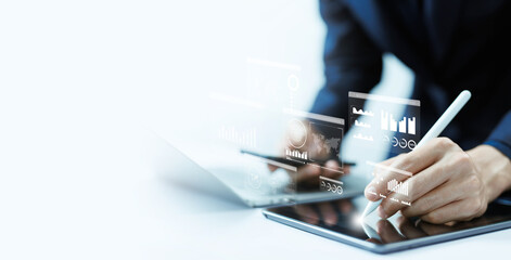 analyst manages the system database, analysis data plans shows a dashboard chart on the computer. concept of analytics business, research on platform digital technology, and reports