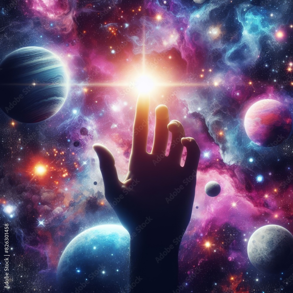 Poster ethereal image depicting a human hand reaching towards a luminous star, with planets and nebulae sca