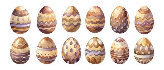 watercolor set of illustrations with Easter eggs on a white bg