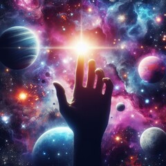 Ethereal image depicting a human hand reaching towards a luminous star, with planets and nebulae scattered across a deep cosmic backdrop.. AI Generation