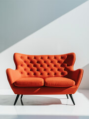 A modern orange sofa featuring a tufted cushion, set against a pure white backdrop.
