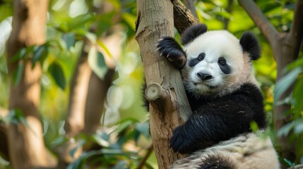 A panda bear on tree in wild forest.