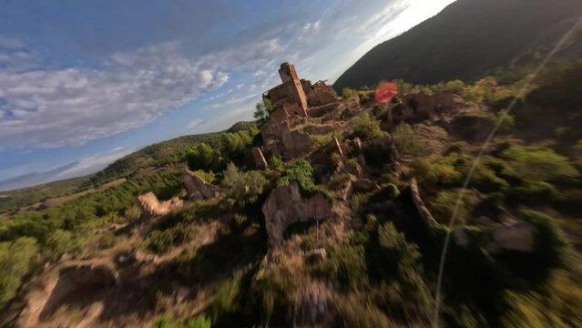 Drone shot of the ruins of Turruncun village in Arnedo municipality, Rioja Baja, Spain