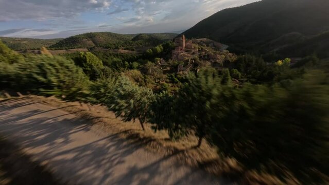 Drone footage of the ruins of the abandoned village of Turruncun in Rioja Baja, Spain
