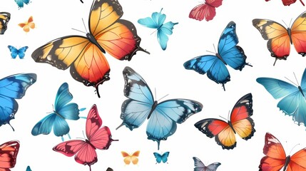 Colorful flying butterflies seamless pattern. Beautiful insects isolated on white background. Spring summer seasons butterfly modern border design.
