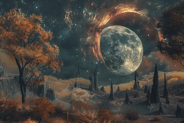 Surreal artwork featuring a large moon over an autumnal alien terrain