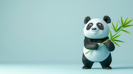 Obraz premium A cute panda with bamboo leaves over light blue background