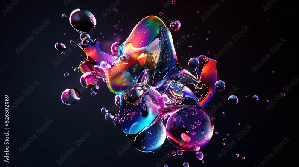 Poster colorful bubbles gently float across a dark background