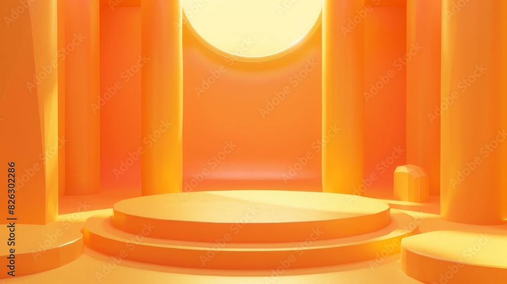 Poster the background is an abstract orange color background with a podium pedestal display which is placed