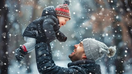 Dad holding a cute baby in air in snowing winter outdoors