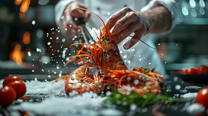 Photo realistic of Chef preparing sustainable seafood with glossy backdrop, showcasing culinary...