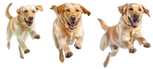 Isolated white background of a running and jumping Labrador Retriever dog.