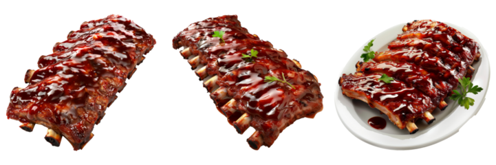 The delicious barbecue ribs and sauce isolated on white background were created with Adobe Illustrator