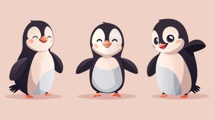 An aquatic flightless bird mascot modern set of cute cartoon penguins.