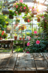 A wooden potting bench in the foreground with a blurred background of a botanical greenhouse. The background includes various potted plants, hanging flowers, gardening tools, and large glass windows