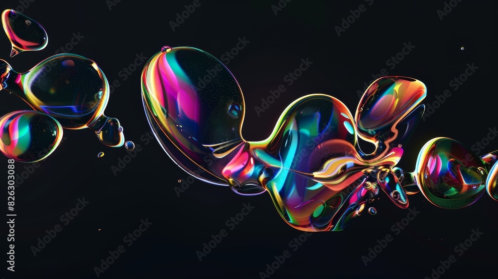 Poster many colorful soap bubbles floating against a dark background