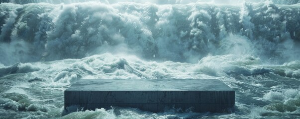 Vivid and detailed mockup of podium set against a powerful waterfall background
