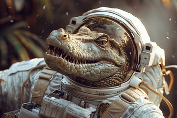 Surreal image of a crocodile wearing a detailed astronaut suit with a backdrop of natural elements - Powered by Adobe