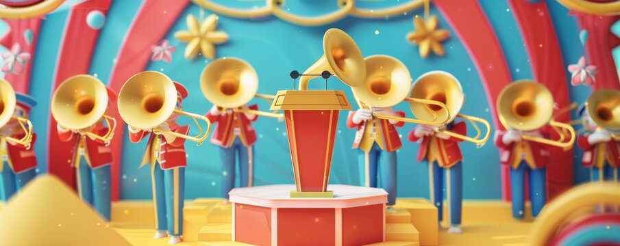Colorful and lively mockup of a podium with a brass band and festive background