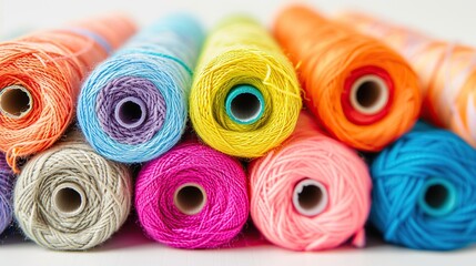 Rolls of colorful threads stacked on top of each other isolated on a white background
