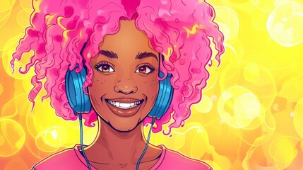 This is an AI-generated image of a young African American cartoon woman with pink hair looking at the camera while listening to music with headphones while smiling happily
