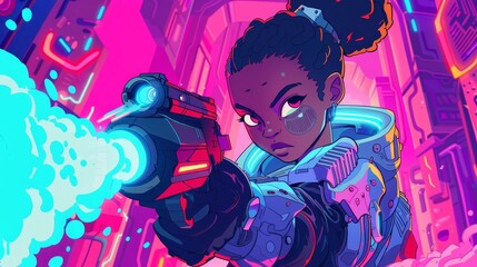 In an armored corridor with neon lighting, a cartoon African American girl shoots a laser gun with a laser gun dressed in an armor costume