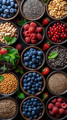 healthy superfoods, in a wood table