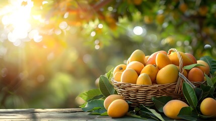 A basket of fresh mangoes on the table, surrounded by lush green trees and sunlight filtering through leaves.
