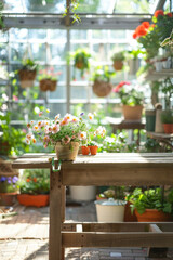 A wooden potting bench in the foreground with a blurred background of a botanical greenhouse. The background includes various potted plants, hanging flowers, gardening tools, and large glass windows