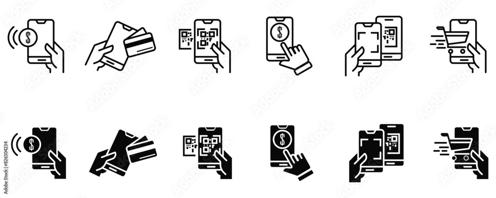 Wall mural COLLECTION. cashless mobile payment QR code icon set vector POS shopping smartphone secure money transfer symbol illustration. EPS 10