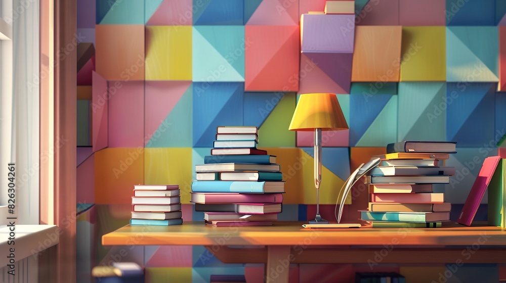 Aufkleber study table with lamp and a stack of books. the books are bright colors and different sizes, and the