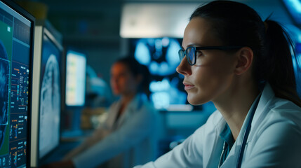 Female scientist in white lab coat at computer