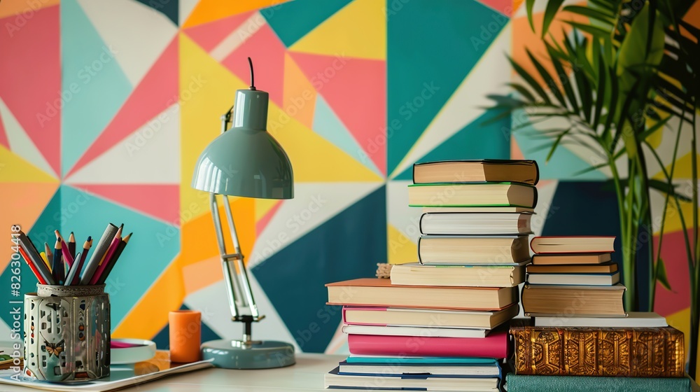 Aufkleber study table with lamp and a stack of books. the books are bright colors and different sizes, and the