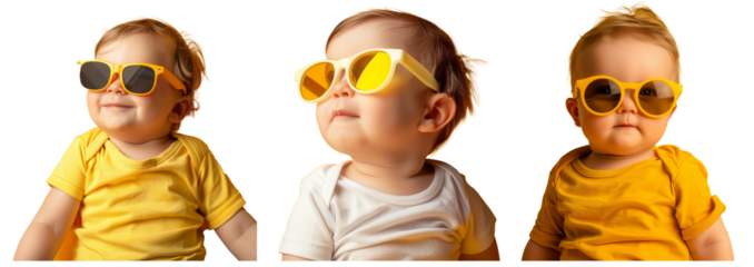 On a yellow background, a funny baby boy wears a big sunglass