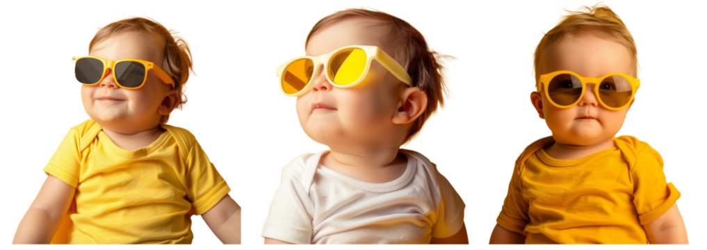 On a yellow background, a funny baby boy wears a big sunglass