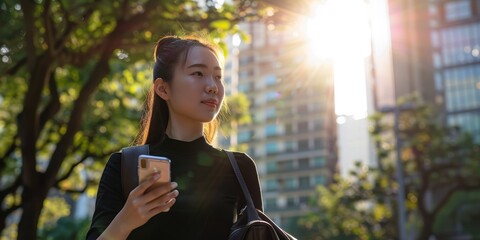 Japanese woman with phone and earphones walks and listens to music near buildings with smile. Metro street person, pedestrian, and smartphone with audio streaming subscription and radio app.