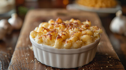 Macaroni and cheese. Pasta, macaroni au gratin, casserole topped with fresh herbs.	