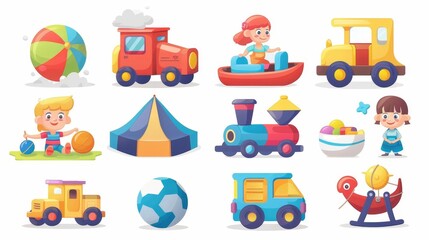 Various kids cartoon toys. Ball, cars, boat, and boys and girls toys isolated in a modern format.