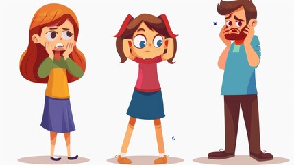 A couple argue and a terrified daughter covers her ears with her hands. this cartoon modern illustration depicts the divorce of the parents and the children.