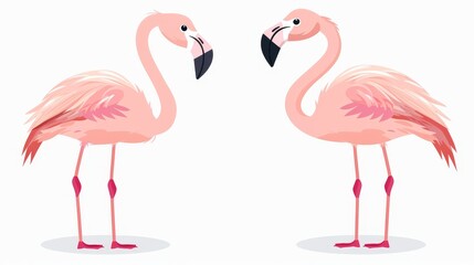 Pink flamingos set. Exotic tropical bird. Zoo animal collection. Cute cartoon character. Decoration element. Flat design. White background. Isolated.