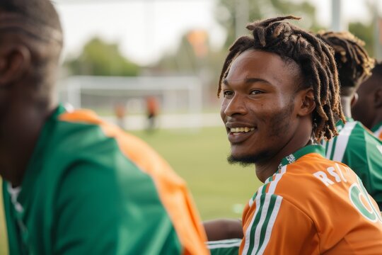 Teams, sports, rugby A diverse, united, and joyful team of men on the bench plans and talks. Teams, university, or professional sports in stadiums for exercise, friends, or goals