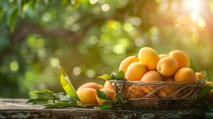 A basket of fresh mangoes on the table, surrounded by lush green trees and sunlight filtering through leaves.
