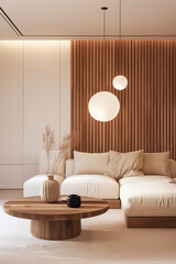 A living room with a wooden coffee table and a couch